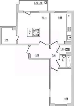 2-к квартира, вторичка, 64м2, 8/10 этаж