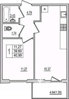 1-к квартира, вторичка, 41м2, 5/10 этаж