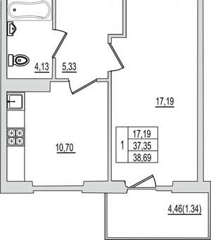 1-к квартира, вторичка, 39м2, 5/10 этаж