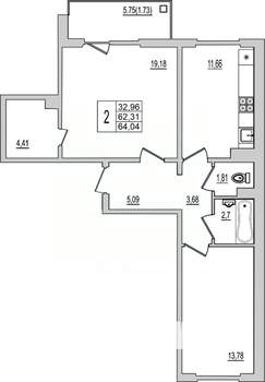 2-к квартира, вторичка, 64м2, 9/10 этаж