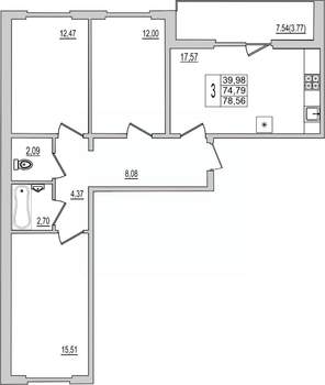 3-к квартира, вторичка, 79м2, 9/10 этаж