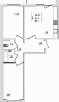 2-к квартира, вторичка, 59м2, 10/10 этаж