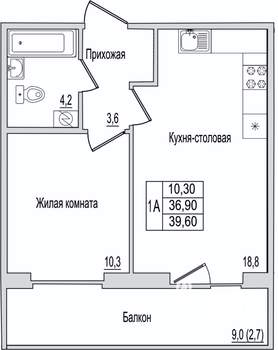 1-к квартира, вторичка, 40м2, 1/10 этаж