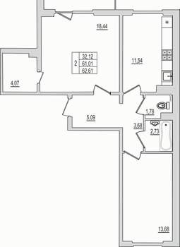 2-к квартира, вторичка, 63м2, 10/10 этаж