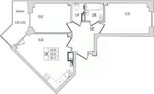 2-к квартира, строящийся дом, 59м2, 4/10 этаж