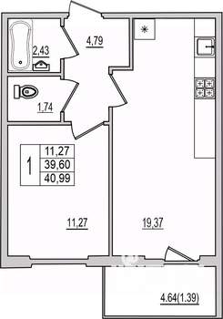 1-к квартира, вторичка, 41м2, 5/10 этаж