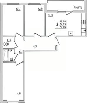 3-к квартира, вторичка, 79м2, 6/10 этаж