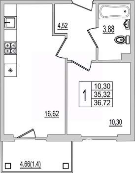 1-к квартира, вторичка, 37м2, 2/10 этаж