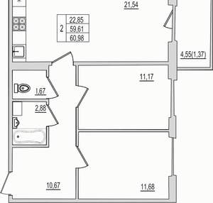 2-к квартира, вторичка, 61м2, 3/10 этаж