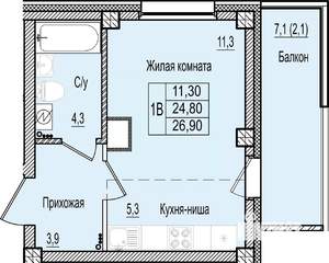 1-к квартира, строящийся дом, 27м2, 5/9 этаж