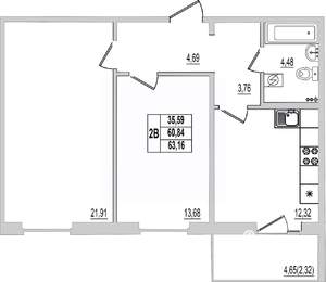 2-к квартира, вторичка, 63м2, 1/9 этаж