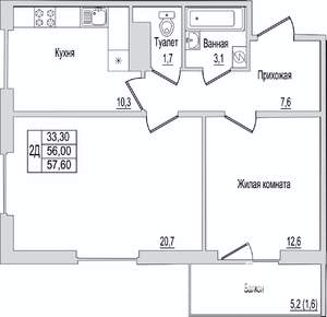 2-к квартира, вторичка, 58м2, 6/10 этаж