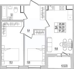 2-к квартира, строящийся дом, 61м2, 1/10 этаж