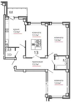 3-к квартира, вторичка, 81м2, 4/16 этаж