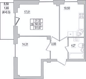 2-к квартира, вторичка, 52м2, 1/10 этаж