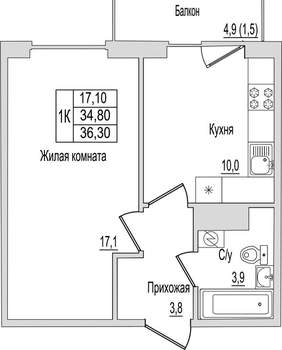 1-к квартира, вторичка, 36м2, 4/10 этаж