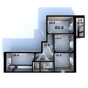 3-к квартира, строящийся дом, 83м2, 2/6 этаж