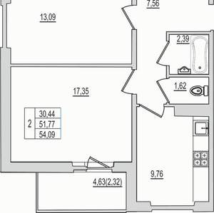 1-к квартира, вторичка, 54м2, 2/10 этаж