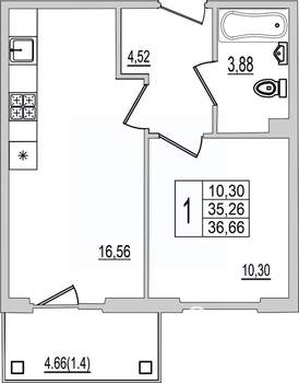 1-к квартира, вторичка, 37м2, 6/10 этаж