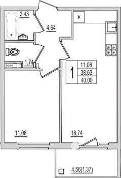 1-к квартира, вторичка, 40м2, 2/10 этаж