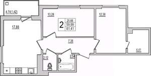 2-к квартира, вторичка, 61м2, 7/10 этаж