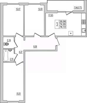 3-к квартира, вторичка, 79м2, 2/10 этаж