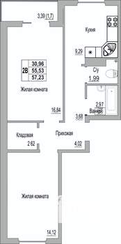 2-к квартира, сданный дом, 57м2, 2/9 этаж