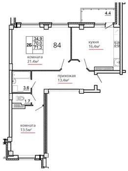 2-к квартира, сданный дом, 71м2, 15/16 этаж