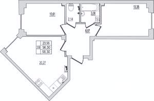 2-к квартира, сданный дом, 56м2, 1/10 этаж