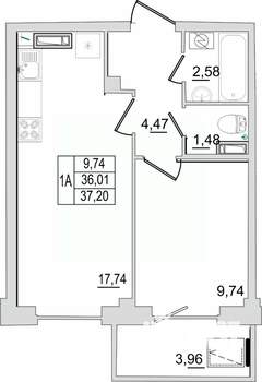 1-к квартира, строящийся дом, 37м2, 4/13 этаж