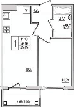 1-к квартира, вторичка, 41м2, 9/10 этаж