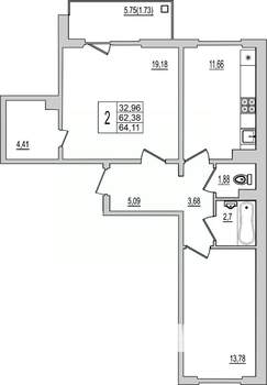 2-к квартира, вторичка, 64м2, 6/10 этаж
