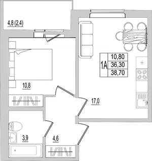 1-к квартира, строящийся дом, 39м2, 5/10 этаж