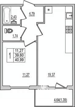 1-к квартира, вторичка, 41м2, 5/10 этаж