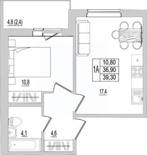 1-к квартира, строящийся дом, 39м2, 1/10 этаж