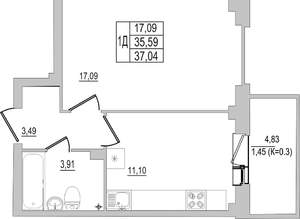 1-к квартира, вторичка, 37м2, 6/10 этаж