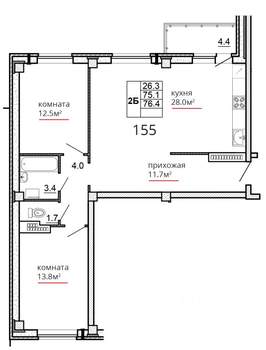2-к квартира, вторичка, 76м2, 14/16 этаж