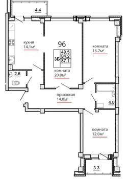 3-к квартира, сданный дом, 87м2, 3/16 этаж