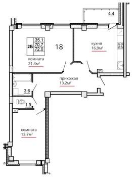2-к квартира, вторичка, 72м2, 4/16 этаж