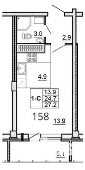 Студия квартира, вторичка, 27м2, 15/16 этаж