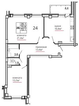 2-к квартира, вторичка, 72м2, 5/16 этаж