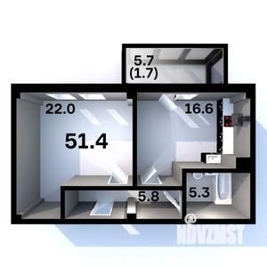 1-к квартира, строящийся дом, 51м2, 3/6 этаж