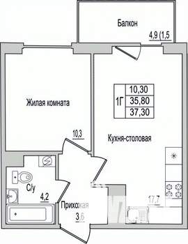 1-к квартира, вторичка, 37м2, 1/10 этаж