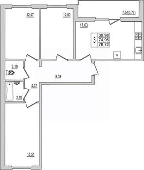3-к квартира, вторичка, 79м2, 4/10 этаж