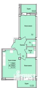 2-к квартира, строящийся дом, 62м2, 1/7 этаж