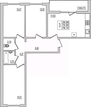 3-к квартира, вторичка, 79м2, 4/10 этаж