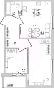 2-к квартира, строящийся дом, 59м2, 3/10 этаж