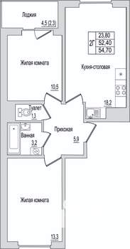 2-к квартира, вторичка, 55м2, 8/10 этаж
