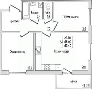 2-к квартира, вторичка, 57м2, 1/10 этаж