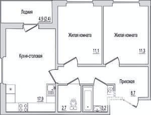 2-к квартира, вторичка, 57м2, 1/10 этаж